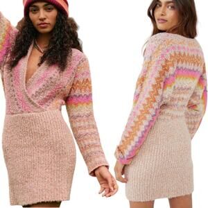Free People Forever Fair Isle Long Sleeve Sweater Mini Dress Strawberry Small